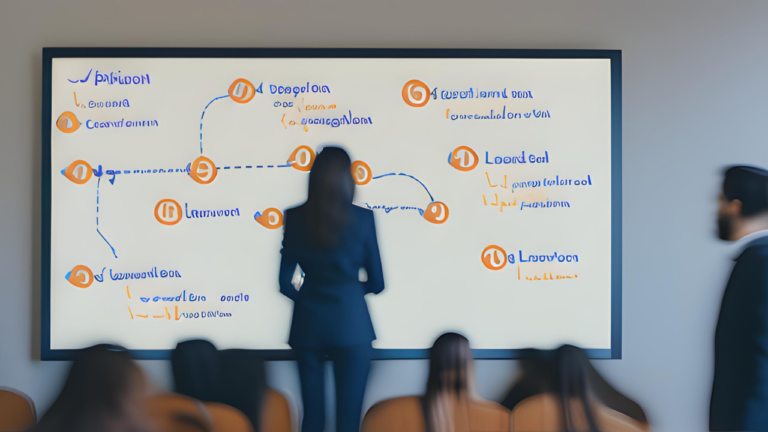 A confident and focused CEO standing in front of a team, with a whiteboard or presentation screen in the background displaying a strategic roadmap. The CEO could be seen leading the discussion, engaging with team members, and demonstrating strong leadership qualities.